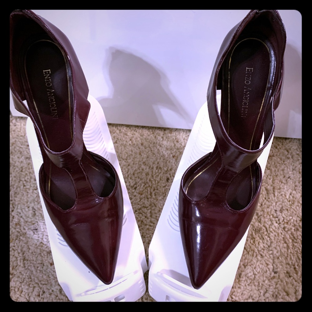 Burgundy patent leather t-strap heels